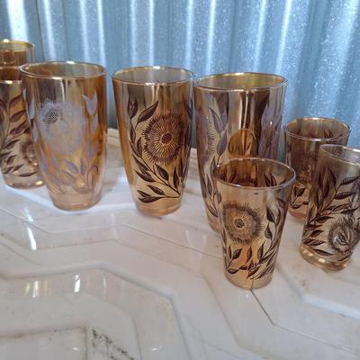 8 Vintage Jeannette Peach Pearl Luster with Brown Flowers Glasses