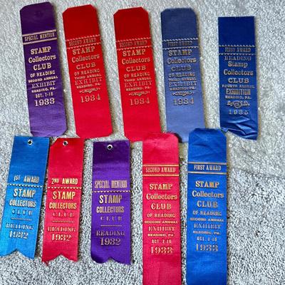 Antique c. 1933-1935 Silk Ribbon Stamp Collecting Awards
