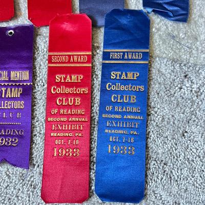 Antique c. 1933-1935 Silk Ribbon Stamp Collecting Awards