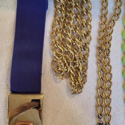 GOLD TONE CHAIN AND A STRETCH BELTS PLUS MATCHING NECKLACE AND EARRINGS