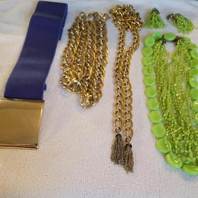 GOLD TONE CHAIN AND A STRETCH BELTS PLUS MATCHING NECKLACE AND EARRINGS