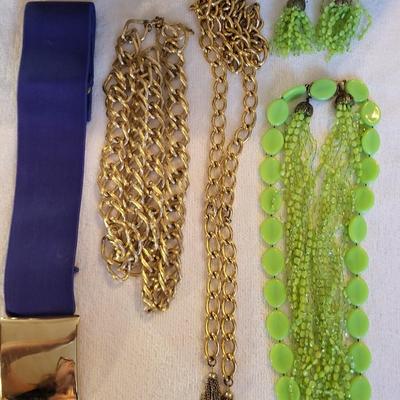 GOLD TONE CHAIN AND A STRETCH BELTS PLUS MATCHING NECKLACE AND EARRINGS