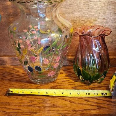 Vintage Hand Crafted, Hand Painted Romanian Crystal & Murano Green/Pink Hand Blown Vases