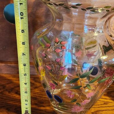 Vintage Hand Crafted, Hand Painted Romanian Crystal & Murano Green/Pink Hand Blown Vases