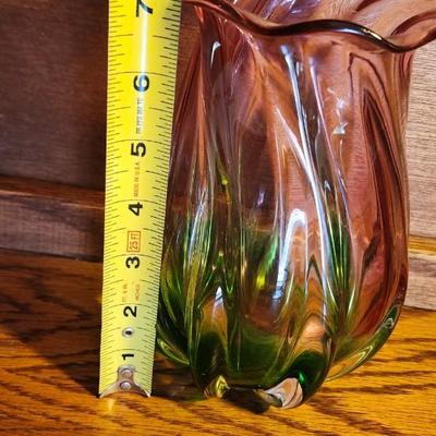 Vintage Hand Crafted, Hand Painted Romanian Crystal & Murano Green/Pink Hand Blown Vases