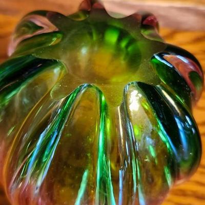 Vintage Hand Crafted, Hand Painted Romanian Crystal & Murano Green/Pink Hand Blown Vases