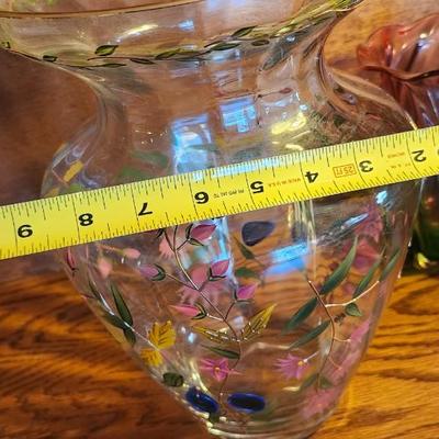 Vintage Hand Crafted, Hand Painted Romanian Crystal & Murano Green/Pink Hand Blown Vases