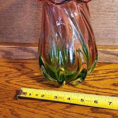 Vintage Hand Crafted, Hand Painted Romanian Crystal & Murano Green/Pink Hand Blown Vases