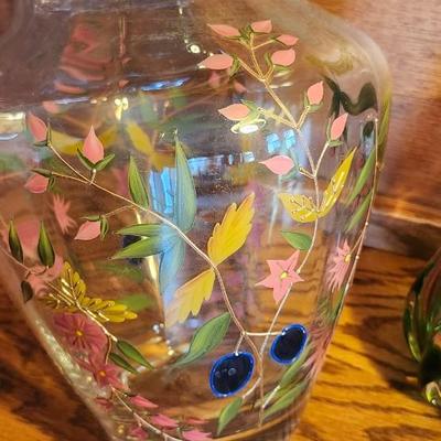 Vintage Hand Crafted, Hand Painted Romanian Crystal & Murano Green/Pink Hand Blown Vases
