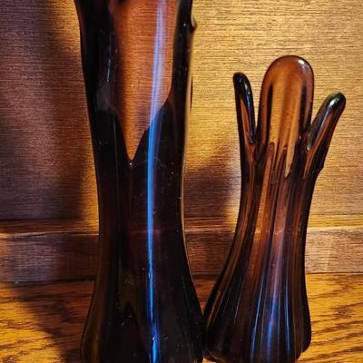 Vintage Purple Amethyst 5 Finger Glass Swung Vases and Two Tall Purple Florentina Vase
