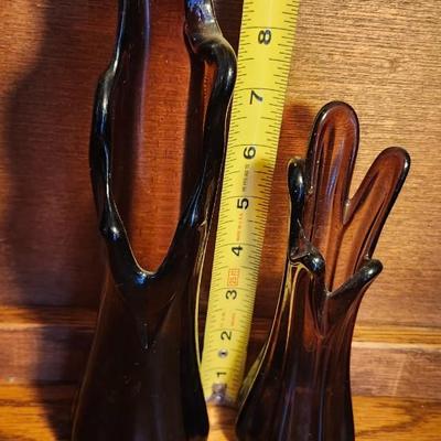 Vintage Purple Amethyst 5 Finger Glass Swung Vases and Two Tall Purple Florentina Vase