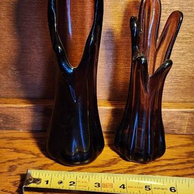 Vintage Purple Amethyst 5 Finger Glass Swung Vases and Two Tall Purple Florentina Vase