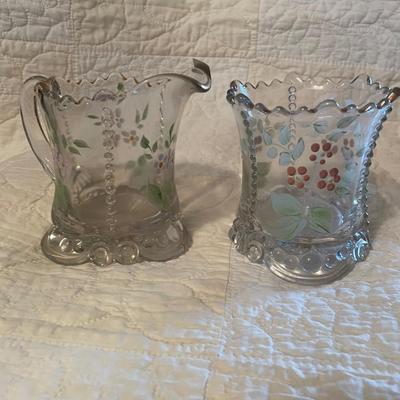 Scalloped rim,hand painted enameled floral cream & sugar