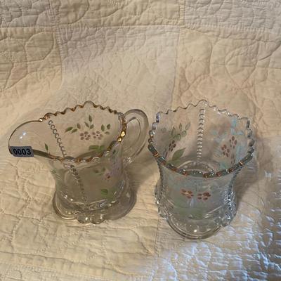Scalloped rim,hand painted enameled floral cream & sugar