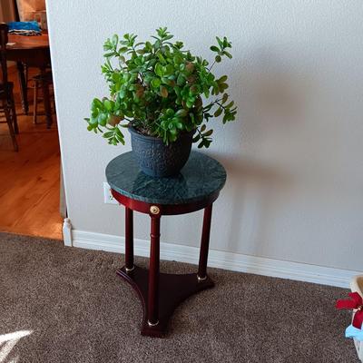 MARBLE TOP SIDE TABLE WITH A FAUX PLANT