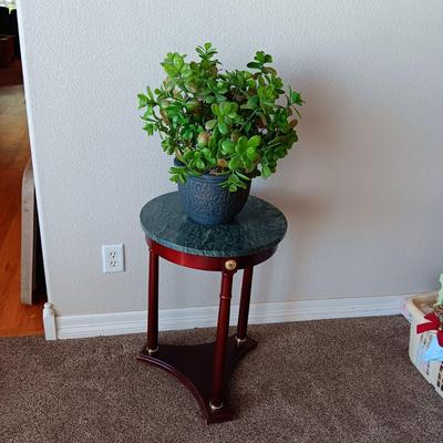 MARBLE TOP SIDE TABLE WITH A FAUX PLANT