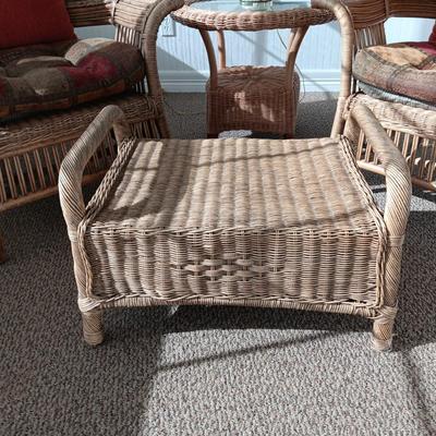 VERY NICE WICKER CHAIRS, SIDE TABLE, FOOT REST AND LAMP