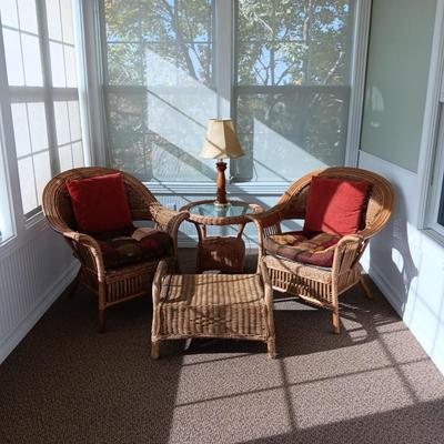 VERY NICE WICKER CHAIRS, SIDE TABLE, FOOT REST AND LAMP