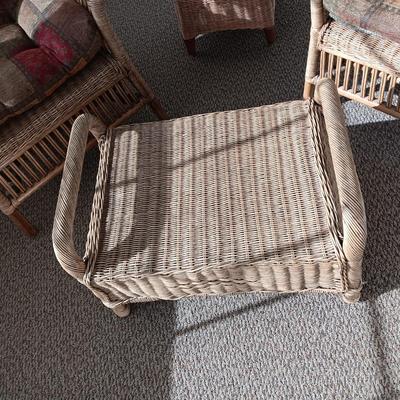VERY NICE WICKER CHAIRS, SIDE TABLE, FOOT REST AND LAMP