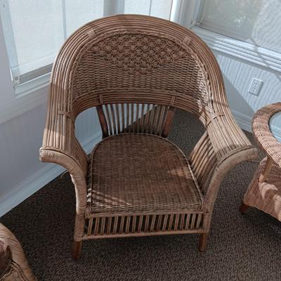 VERY NICE WICKER CHAIRS, SIDE TABLE, FOOT REST AND LAMP