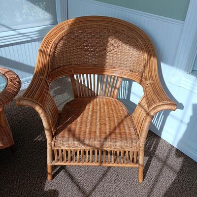 VERY NICE WICKER CHAIRS, SIDE TABLE, FOOT REST AND LAMP