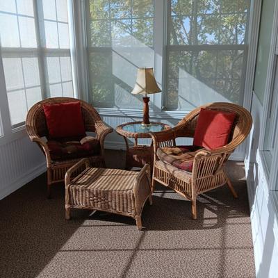 VERY NICE WICKER CHAIRS, SIDE TABLE, FOOT REST AND LAMP