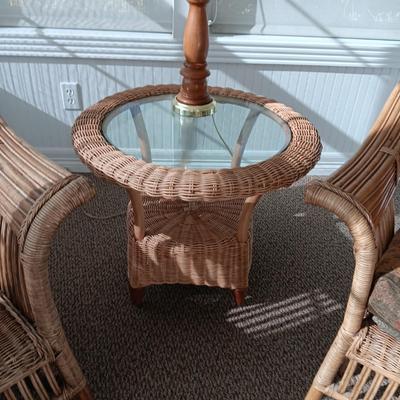 VERY NICE WICKER CHAIRS, SIDE TABLE, FOOT REST AND LAMP