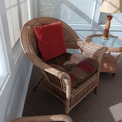 VERY NICE WICKER CHAIRS, SIDE TABLE, FOOT REST AND LAMP