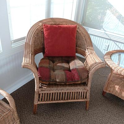 VERY NICE WICKER CHAIRS, SIDE TABLE, FOOT REST AND LAMP