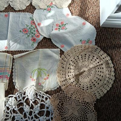 HAND CROCHETED AND EMBROIDERED DOILIES, FLOUR SACK DISH TOWELS