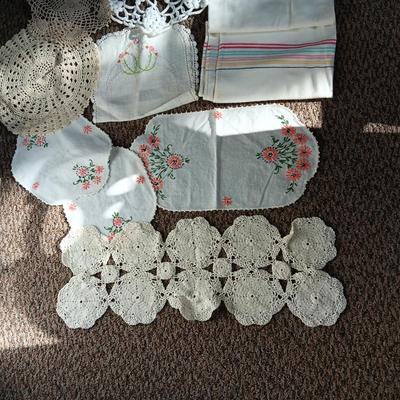 HAND CROCHETED AND EMBROIDERED DOILIES, FLOUR SACK DISH TOWELS