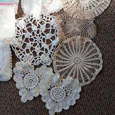 HAND CROCHETED AND EMBROIDERED DOILIES, FLOUR SACK DISH TOWELS