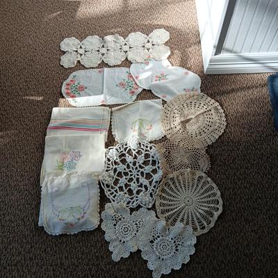 HAND CROCHETED AND EMBROIDERED DOILIES, FLOUR SACK DISH TOWELS