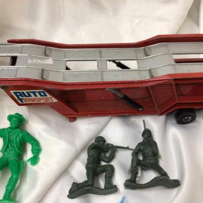Toy Cash Register, Metal Car Carrier, Plastic Cowboy and Indians Toys