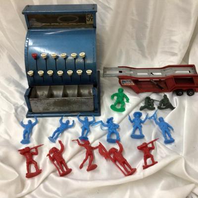 Toy Cash Register, Metal Car Carrier, Plastic Cowboy and Indians Toys