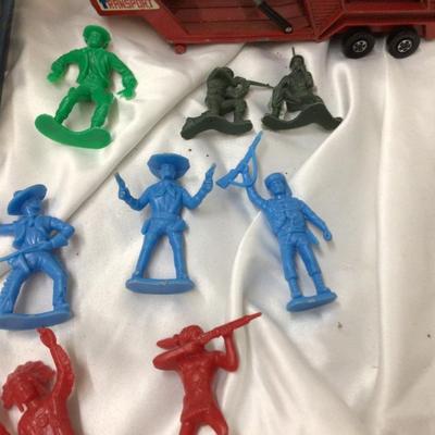 Toy Cash Register, Metal Car Carrier, Plastic Cowboy and Indians Toys