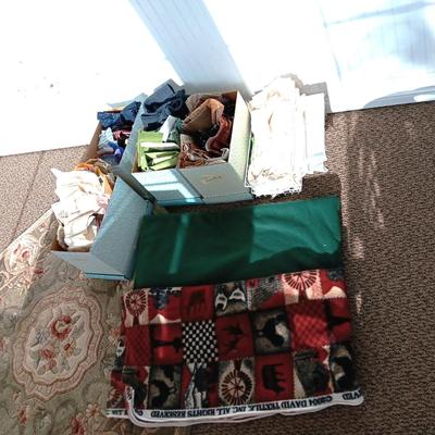 SCRAPS OF SEWING MATERIAL, LARGER PIECES OF FLEECE AND PATTERN BOXES