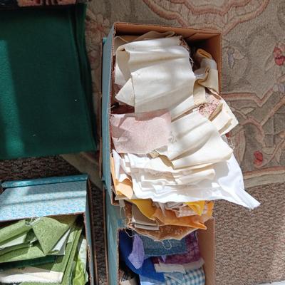 SCRAPS OF SEWING MATERIAL, LARGER PIECES OF FLEECE AND PATTERN BOXES