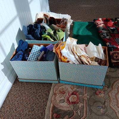 SCRAPS OF SEWING MATERIAL, LARGER PIECES OF FLEECE AND PATTERN BOXES