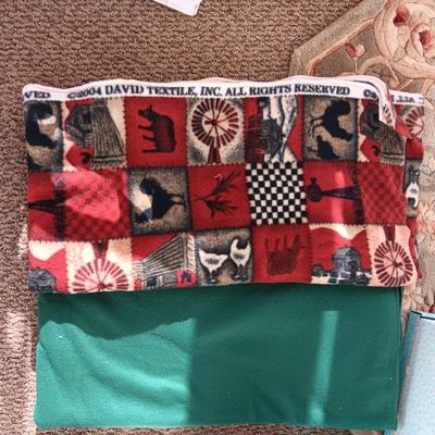 SCRAPS OF SEWING MATERIAL, LARGER PIECES OF FLEECE AND PATTERN BOXES