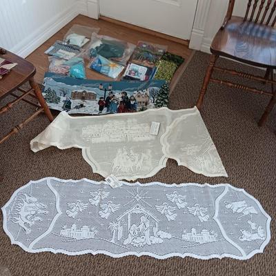 SCRAPS OF SEWING MATERIAL AND TABLE RUNNERS