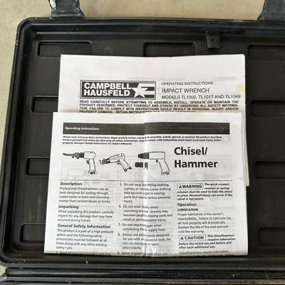 CAMPBELL HAUSFELD AIR IMPACT WRENCH AND CHISEL HAMMER PLUS AN AIR RATCHET