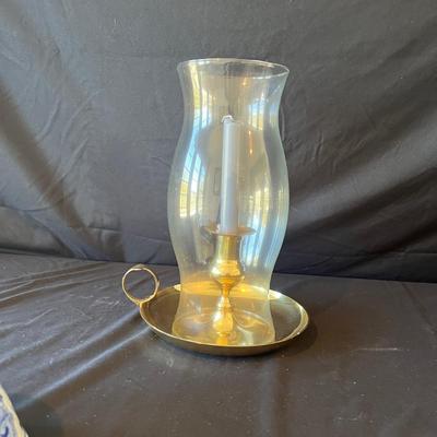 Three Brass Candleholders With Ceramic Bowl & Dish (2D-MG)