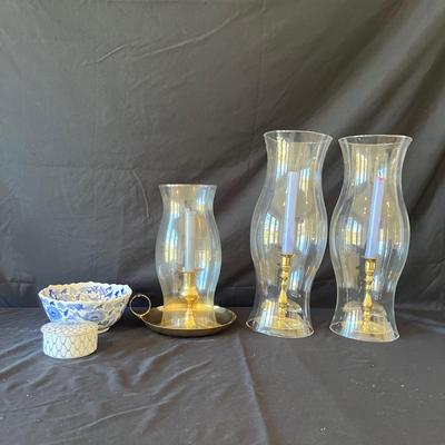 Three Brass Candleholders With Ceramic Bowl & Dish (2D-MG)
