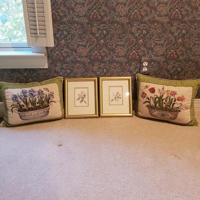 Two Signed Floral Prints and Two Floral Embroidered Pillows (2S-KD)