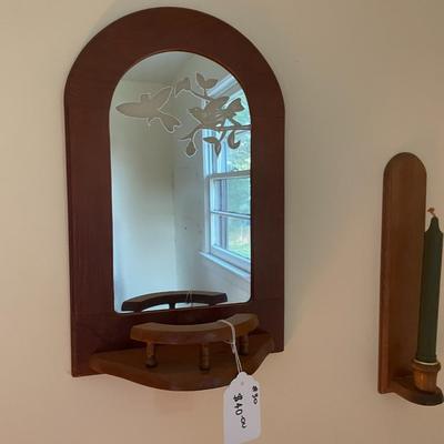 Vintage Mirror Shelf Wall Hanging and Set of Candle Holders Sconces