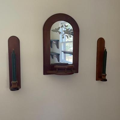Vintage Mirror Shelf Wall Hanging and Set of Candle Holders Sconces
