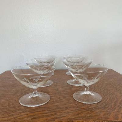 Set Of 6 Vintage Etched Crystal Stem Dessert Bowls / Sherbet Bowls