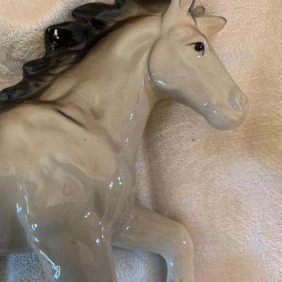 Porcelain black mane/tail, white horse, figurine