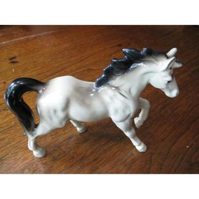 Porcelain black mane/tail, white horse, figurine